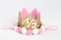Diadema corona 1/2 cumpleaños con purpurina dorada y flores rosas para bebés - Número 1/2 / Oro Cián Bicolor