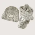 Kinder Strick Mütze und Schal Set Herbst Winter warme Beanie meliertes Design grau - Gebrochenes Weiß