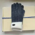 Grey knit gloves with white fluffy cuff variant, warm winter accessories for women. - One Size / Dark Gray