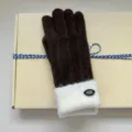 Thickened knit winter gloves with soft plush white cuff and brown knitted body, cozy accessory. - One Size / Brown