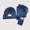 Conjunto de gorro y bufanda de punto de mezcla de lana para niños, invierno cálido azul jaspeado. - Azul zafiro