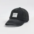 Verwaschene schwarze Jeans Baseballcap mit Patch, vintage Unisex Streetwear Mütze neu. - M (56-58cm Verstellbar) / VOGUE Buchstaben Stoffetikett Stil / Schwarz