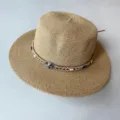 Sommer bohemischer flacher Top Strohhut Strand Sonnenschutz Hut mit Perlen Band Stil - Edelsteinstil / M (56-58cm)