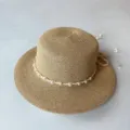 Sommer Strohhut für Damen flacher Oberteil mit Perlen geflochtenem Band Strand Hut - Weiße Perle / M (56-58cm)