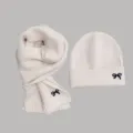 Children winter warm knitted hat and scarf set in beige with sweet bow embroidery details - Cream