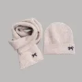Kids knitted beanie hat and scarf set with cute bow embroidery, cozy winter warm apparel - Beige