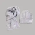 Kids winter warm gray knit beanie and scarf set with cute white bow embroidery, soft and cozy. - Light Gray