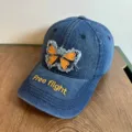Jeans Baseball Cap Schmetterling Stickerei Blaue Schirmmütze Freizeit Kappe Variante - M (56-58cm Verstellbar) / Orangefarbene Schmetterling Stickerei Stil / Dunkelblau