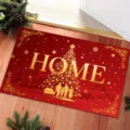 Festive red crystal velvet Christmas doormat featuring HOME text and tree design for home decor - Home