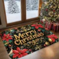 Elegant Merry Christmas floor mat with poinsettia design for festive home decoration - Christmas