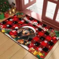 Festive buffalo plaid Christmas mat with dachshund puppy and Merry Christmas text - Christmas Dog