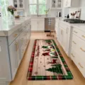 Festive Christmas gnomes kitchen runner rug with non-slip crystal velvet surface - Santa Holding a Flag