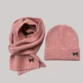 Children pink knitted hat and scarf set with cute bow embroidery for autumn winter kids wear. - Pink