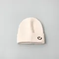 Kids beige knit beanie hat with cute embroidered smiley face, warm winter children cap variant. - Hat / Beige