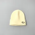 Children's autumn winter solid color warm knit beanie hat with cute smiley face embroidery. - Hat / Yellow