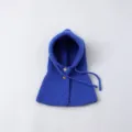 Kids blue knitted hooded scarf winter warm earflap balaclava hat with wooden buttons kids wear - S / Sapphire Blue