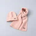 Pink Kids Knit Beanie Hat and Scarf Set with Smiley Face Embroidery Warm Winterwear - Set / Pink