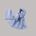 Cute kids knitted beanie and scarf set in light blue with smiley face embroidery. - Set / Blue