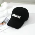 Black sherpa baseball cap for women with white embroidered letters. Cozy winter warm hat. - M (56-58cm) / Black