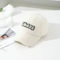 White shearling baseball hat for women, cute winter fleece cap with letter embroidery. - M (56-58cm) / White