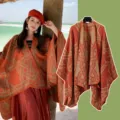 Bohemian geometric striped split shawl winter warm thick windproof cape for women travel photo - Orange