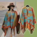 Bohemian orange graffiti knit poncho wrap, thickened warm open-front travel cape shawl. - 150*130cm / Graffiti Orange