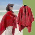 Bohemian geometric striped thick winter warm cloak for women, stylish travel poncho scarf. - Red