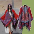Women's red floral hooded poncho cape with tassel hem and bohemian ethnic tribal design. - Robe / 150*130cm / Floral Splendor Red
