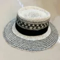 Women summer straw hat flat top wide brim sun hat vintage beach fashion vacation style. - M (56-58cm) / White