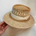 Summer women vintage flat top straw hat wide brim sun hat woven elegant beach cap - M (56-58cm) / Khaki