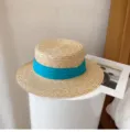 Damen Sommer Flachkopf Strohhut mit breiter Krempe und lebendigem türkisblauem Band am Strand. - M (56-58cm) / Dunkelblau