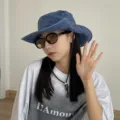 Denim bucket hat for women men, vintage outdoor hiking fishing sun protection hat. - M (56-58cm) / Denim Blue