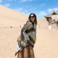 Ethnic style striped split poncho shawl, warm imitation cashmere cape for women travel. - Large Striped Pink & Gray