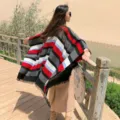Womens autumn winter ethnic style poncho shawl, cozy colorblock striped cape with fringe details. - Wide Stripes Red & Grey