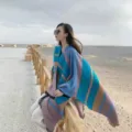 Autumn winter women imitation cashmere split shawl ethnic style warm outdoor travel cape. - Wide Stripes Blue & Pink