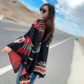 Ethnic style knitted poncho for women autumn winter warm cape shawl travel outerwear - Tulip Black