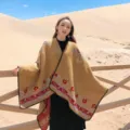 Ethnic style women imitation cashmere warm autumn winter poncho shawl cloak outdoor - Tulip Camel