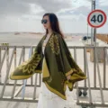 Autumn winter warm cashmere feel ethnic shawl cloak with sunflower pattern for women travel outdoor - Large Flower Olive Green