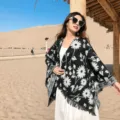 Women winter warm floral patterned knitted cape stylish ethnic fringe shawl for cold travel. - Ethnic Floral Black & White