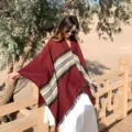 Women's ethnic style imitation cashmere split shawl for autumn and winter travel warmth. - Wine Red Middle Stripe