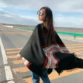 Ethnic style imitation cashmere split shawl, autumn and winter warm women cloak detail. - Middle Stripe Black