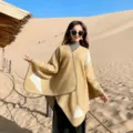 Outdoor travel style women split poncho detail, warm imitation cashmere ethnic winter shawl design. - Small Squares Camel