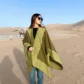 Women autumn winter ethnic style poncho shawl cashmere feel warm travel cape cloak apparel - Track Border Olive Green & Yellow