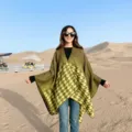 Autumn winter houndstooth split poncho cape warm imitation cashmere shawl for women travel outdoor - Double-Ended Houndstooth Olive Green