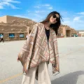 Autumn winter geometric knit split shawl cloak warm ethnic style fashion travel poncho for women - Triangle Camel