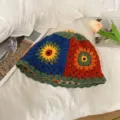 Handgemachte gehäkelte Blumen Eimerhut retro Strick Sonnenhut stylische Kappe Damen - M (56-58cm) / Blumen Patchwork