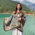 Damen ethnischer stil spalt umhang schal herbst winter warme reise cape modekleidung - Kleine Blumenkreise in Khaki