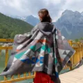 Ethnic geometric hooded cashmere-feel shawl with tassel fringe for travel and air-conditioning room - Triangle Combination - Grey