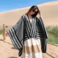 Mujer Etnico Patron Geometrico Chal Tejido Negro Gris Poncho Viaje Calido Invierno Capa - Gris negro nido de abeja