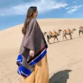 Moda Mujer Cuadros Capa Chal Viaje Al Aire Libre Desierto Foto Otoño Invierno Cálido - Rayas finas de pata de gallo con borde azul real